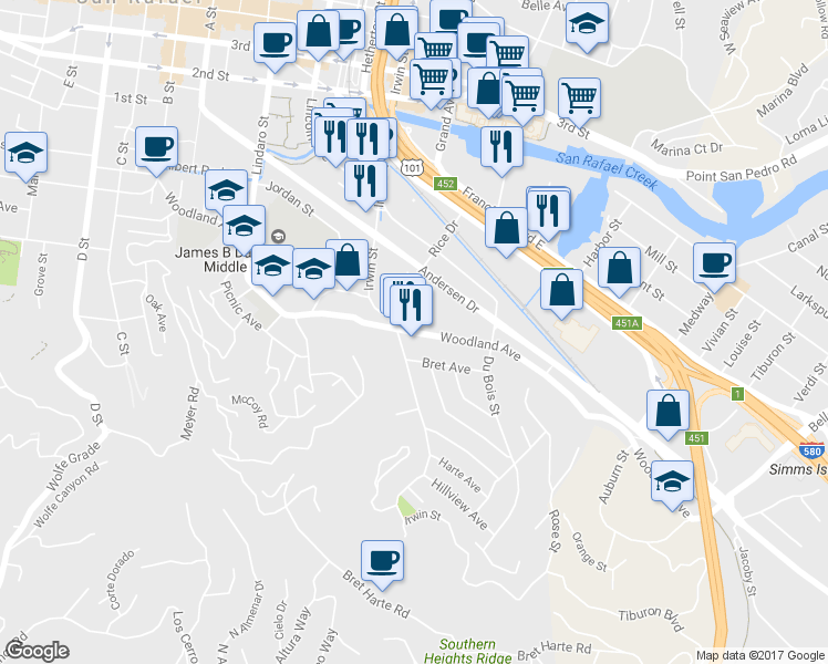 map of restaurants, bars, coffee shops, grocery stores, and more near Woodland Ave in San Rafael