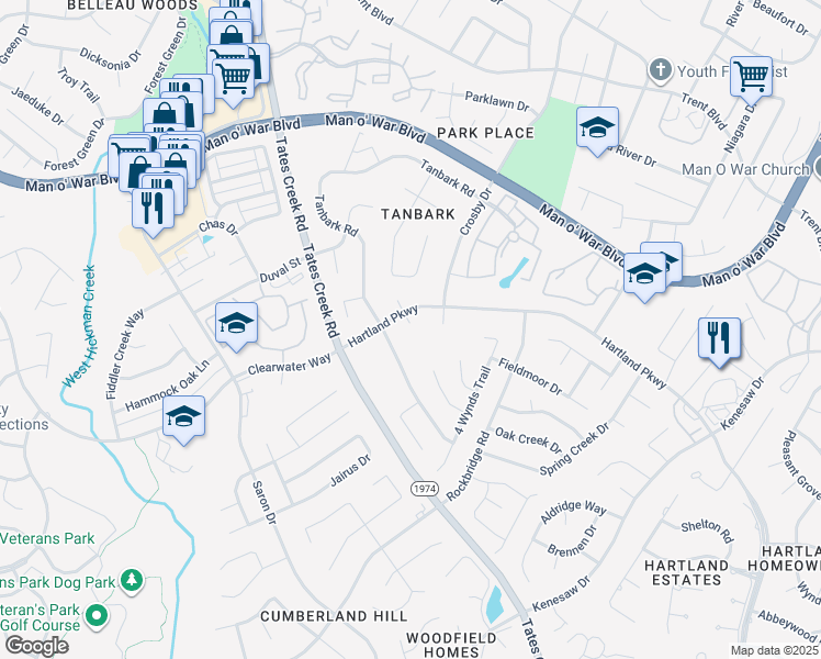 map of restaurants, bars, coffee shops, grocery stores, and more near 4437 Hartland Parkway in Lexington