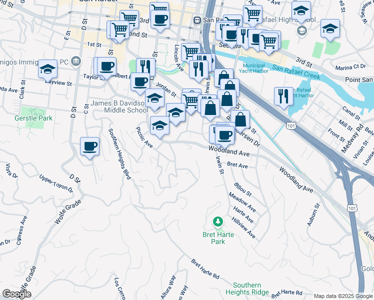 map of restaurants, bars, coffee shops, grocery stores, and more near 157 Woodland Avenue in San Rafael