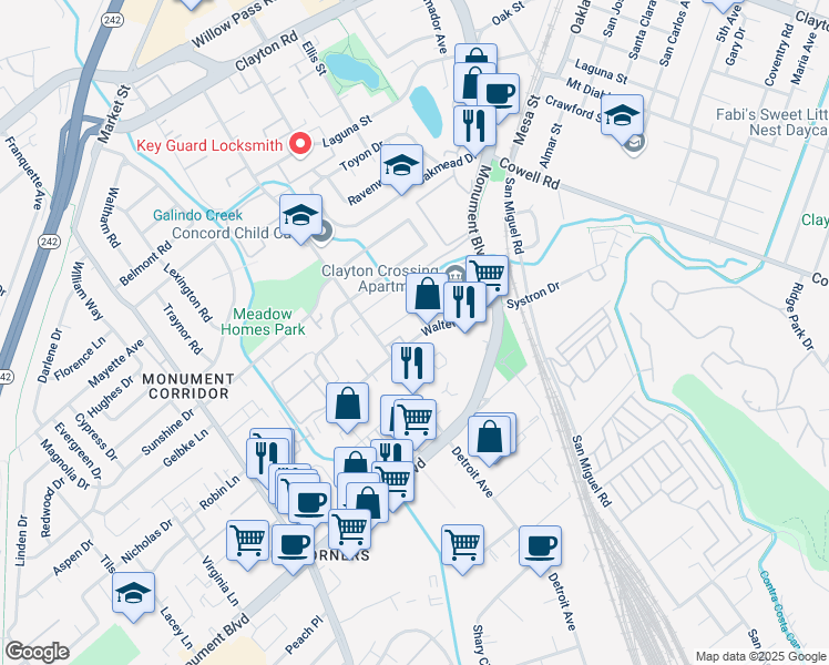 map of restaurants, bars, coffee shops, grocery stores, and more near 2525 Walters Way in Concord