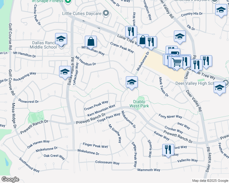 map of restaurants, bars, coffee shops, grocery stores, and more near 1919 Mount Conness Way in Antioch
