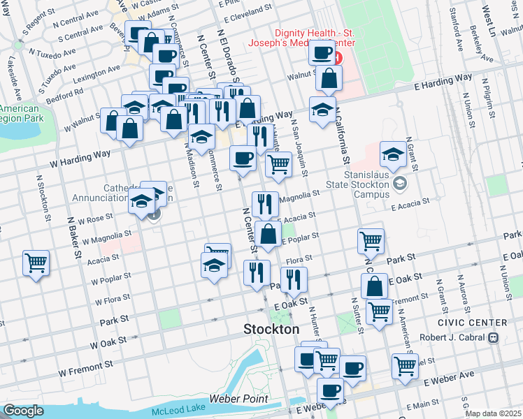 map of restaurants, bars, coffee shops, grocery stores, and more near 1045 North El Dorado Street in Stockton