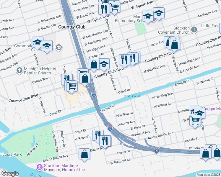 map of restaurants, bars, coffee shops, grocery stores, and more near 2153 Fraser Avenue in Stockton
