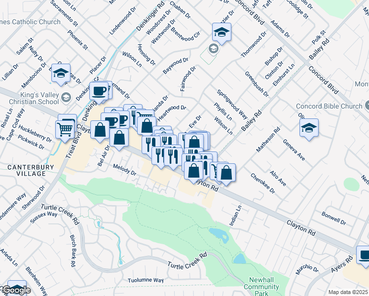 map of restaurants, bars, coffee shops, grocery stores, and more near 4655 East Rishell Court in Concord