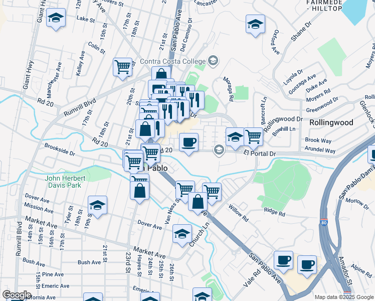 map of restaurants, bars, coffee shops, grocery stores, and more near 102 Del Alba Street in San Pablo