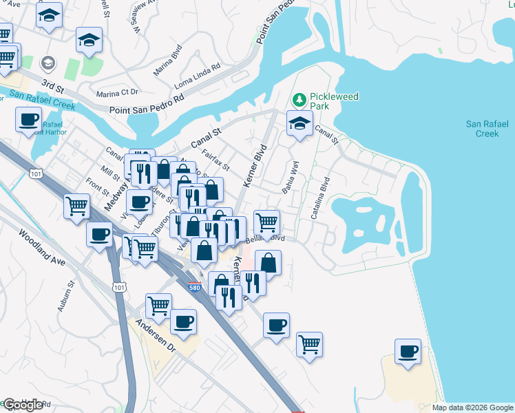 map of restaurants, bars, coffee shops, grocery stores, and more near 233 Vista Del Mar in San Rafael