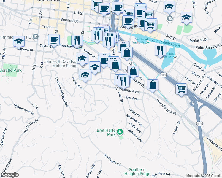 map of restaurants, bars, coffee shops, grocery stores, and more near 401 Irwin Street in San Rafael