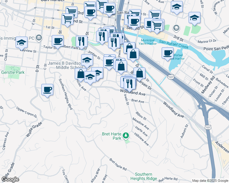 map of restaurants, bars, coffee shops, grocery stores, and more near 157 Woodland Avenue in San Rafael