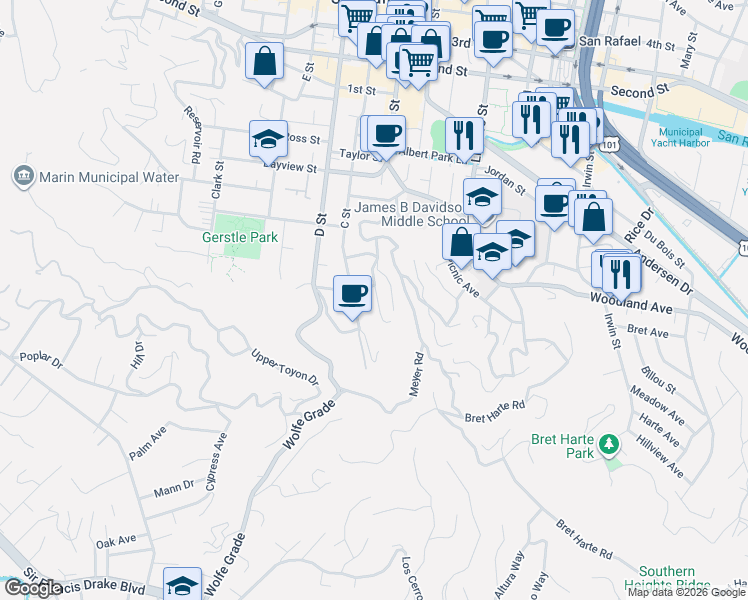 map of restaurants, bars, coffee shops, grocery stores, and more near 29 Pleasant Lane in San Rafael
