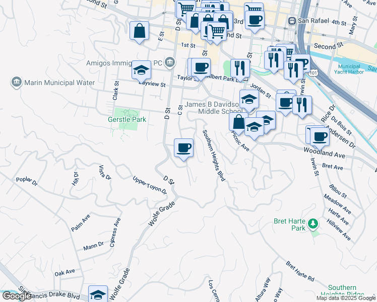 map of restaurants, bars, coffee shops, grocery stores, and more near 129 C Street in San Rafael