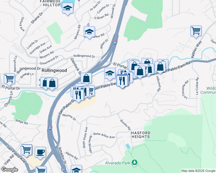 map of restaurants, bars, coffee shops, grocery stores, and more near 3500 San Pablo Dam Road in San Pablo