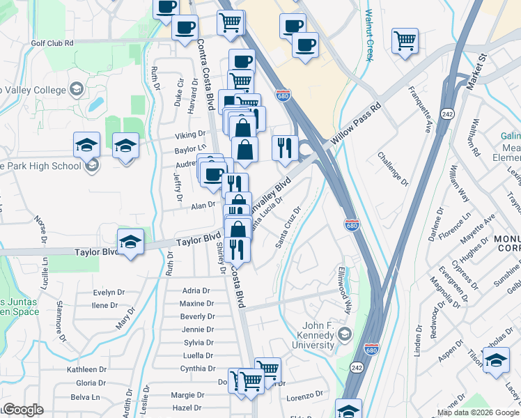 map of restaurants, bars, coffee shops, grocery stores, and more near 968 Santa Lucia Drive in Pleasant Hill
