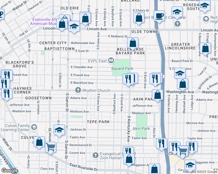 map of restaurants, bars, coffee shops, grocery stores, and more near 838 Washington Avenue in Evansville