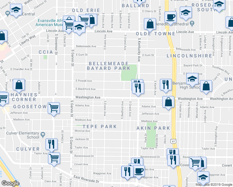 map of restaurants, bars, coffee shops, grocery stores, and more near 838 Washington Avenue in Evansville
