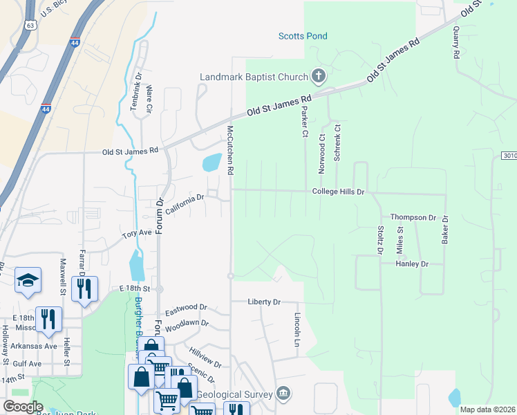 map of restaurants, bars, coffee shops, grocery stores, and more near 10815 Dennie Court in Rolla