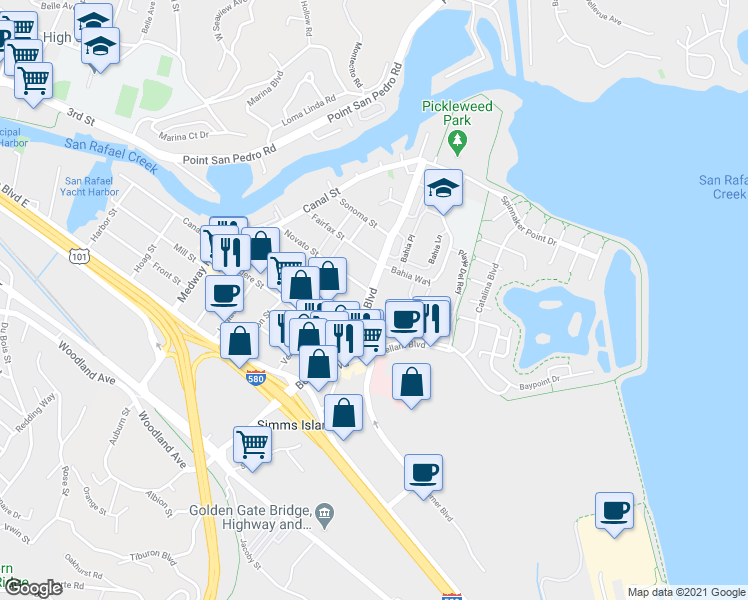 map of restaurants, bars, coffee shops, grocery stores, and more near 3442 Kerner Boulevard in San Rafael