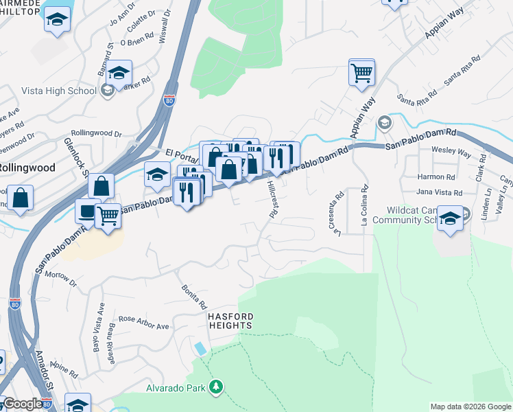 map of restaurants, bars, coffee shops, grocery stores, and more near 3706 Ramsey Court in El Sobrante