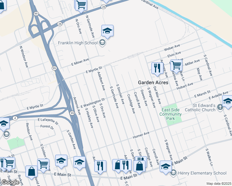 map of restaurants, bars, coffee shops, grocery stores, and more near 4319 East Washington Street in Stockton