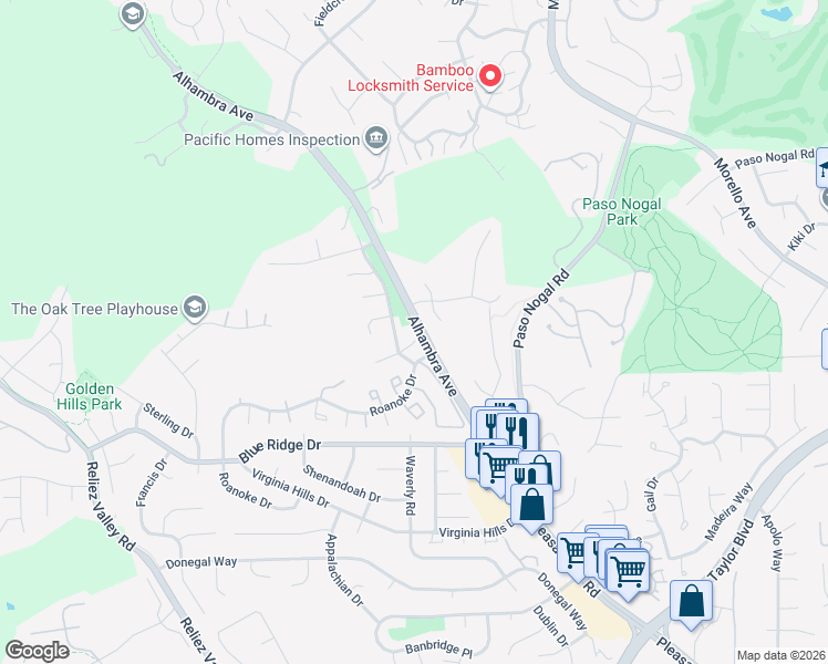 map of restaurants, bars, coffee shops, grocery stores, and more near 107 Judy Court in Martinez