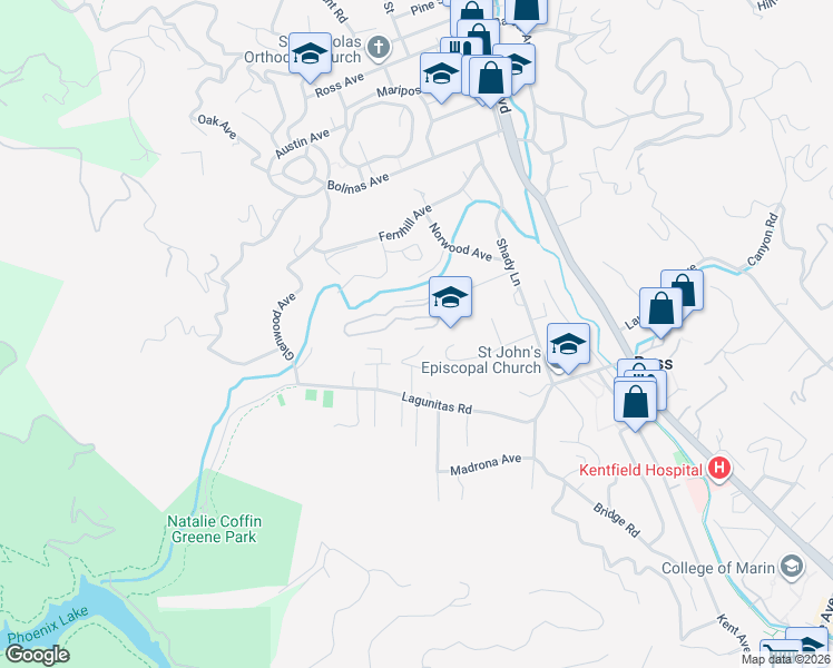 map of restaurants, bars, coffee shops, grocery stores, and more near 70 Ivy Drive in Ross
