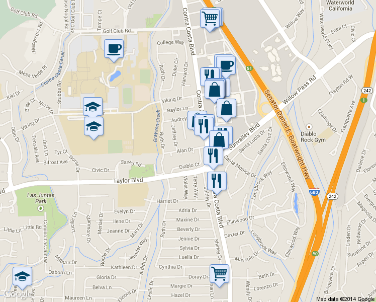 map of restaurants, bars, coffee shops, grocery stores, and more near 43 Alan Drive in Pleasant Hill