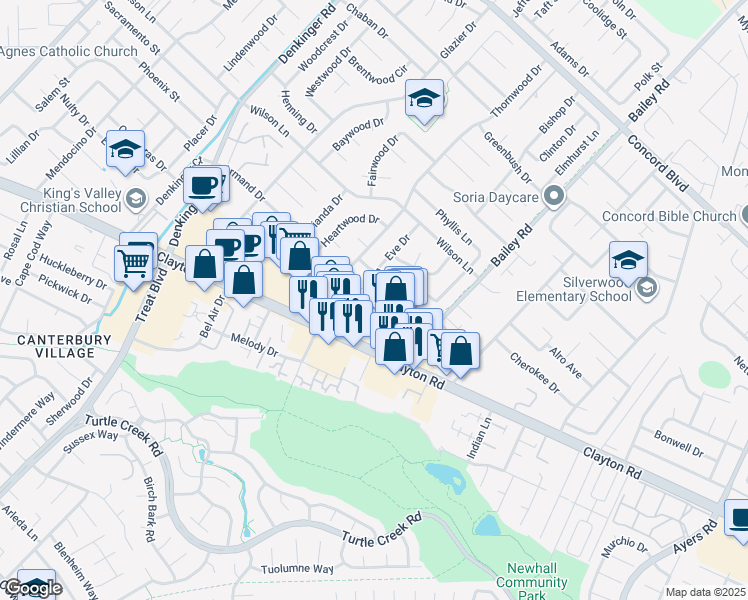 map of restaurants, bars, coffee shops, grocery stores, and more near 4644 West Rishell Court in Concord