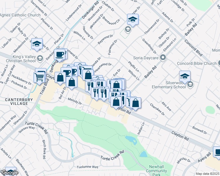 map of restaurants, bars, coffee shops, grocery stores, and more near 4644 West Rishell Court in Concord