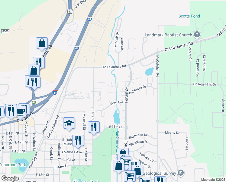 map of restaurants, bars, coffee shops, grocery stores, and more near 1924 Allyson Court in Rolla