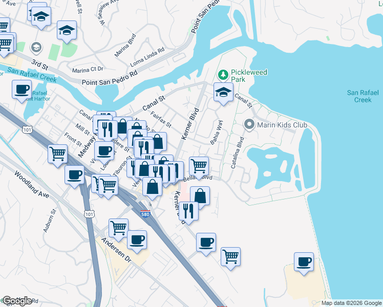 map of restaurants, bars, coffee shops, grocery stores, and more near 233 Vista Del Mar in San Rafael