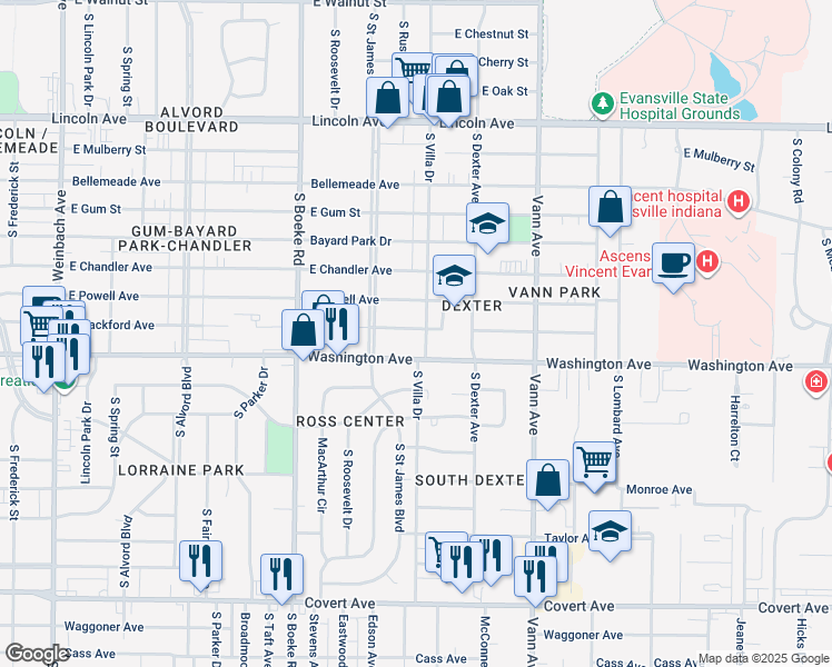 map of restaurants, bars, coffee shops, grocery stores, and more near 951 South Villa Drive in Evansville