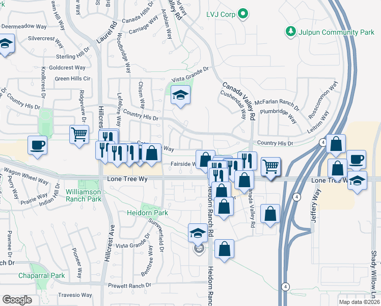 map of restaurants, bars, coffee shops, grocery stores, and more near 5320 Catanzaro Way in Antioch