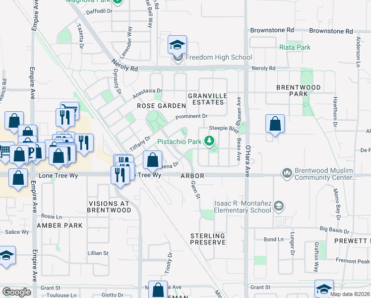 map of restaurants, bars, coffee shops, grocery stores, and more near 1107 Europena Drive in Brentwood