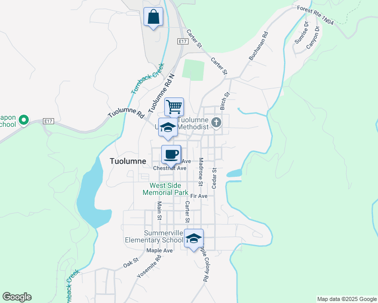 map of restaurants, bars, coffee shops, grocery stores, and more near 18485 Gardner Avenue in Tuolumne