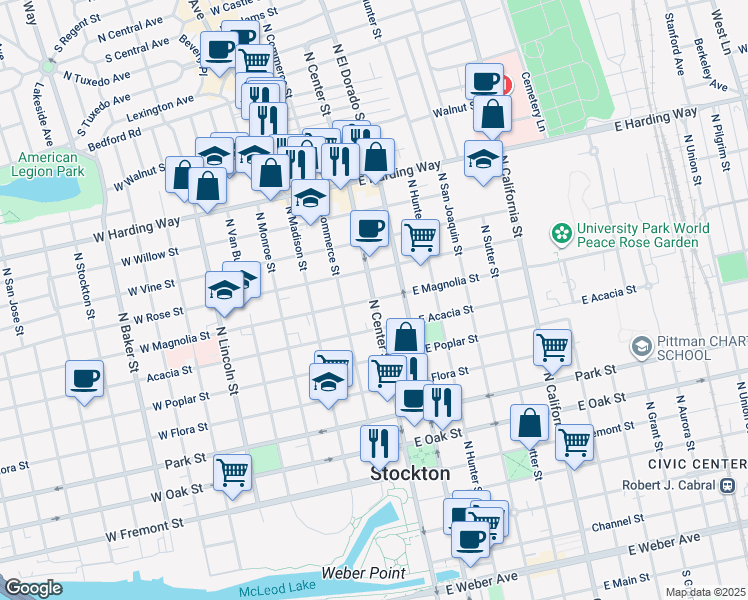 map of restaurants, bars, coffee shops, grocery stores, and more near 1 East Magnolia Street in Stockton