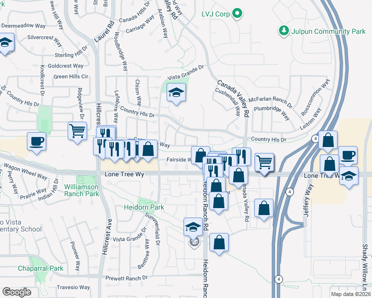 map of restaurants, bars, coffee shops, grocery stores, and more near 5320 Catanzaro Way in Antioch
