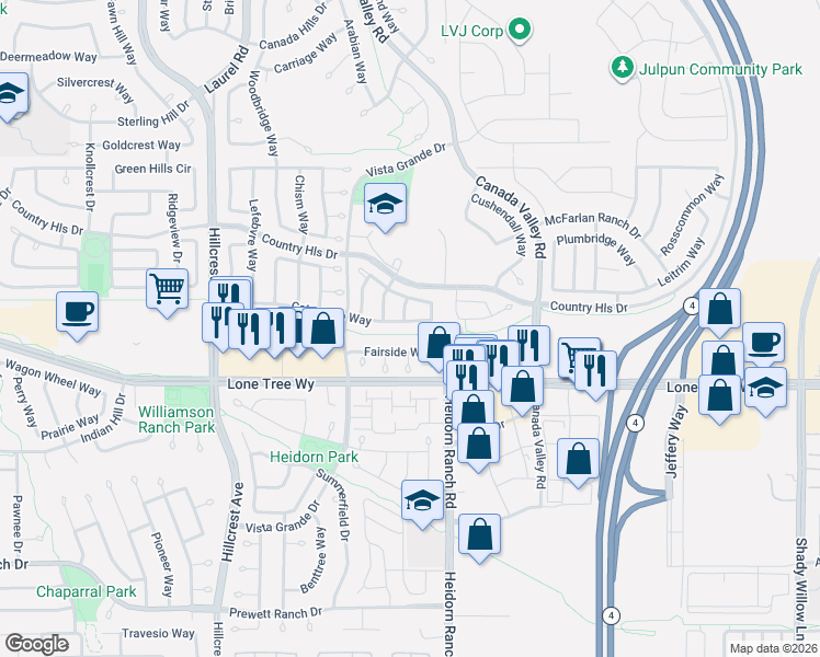 map of restaurants, bars, coffee shops, grocery stores, and more near 5332 Catanzaro Way in Antioch