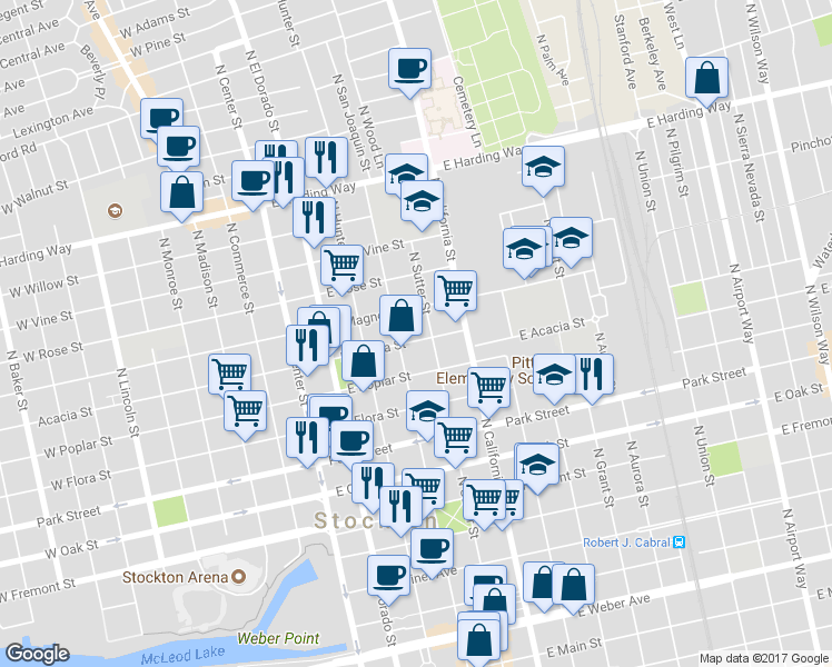 map of restaurants, bars, coffee shops, grocery stores, and more near 327 Acacia Street in Stockton