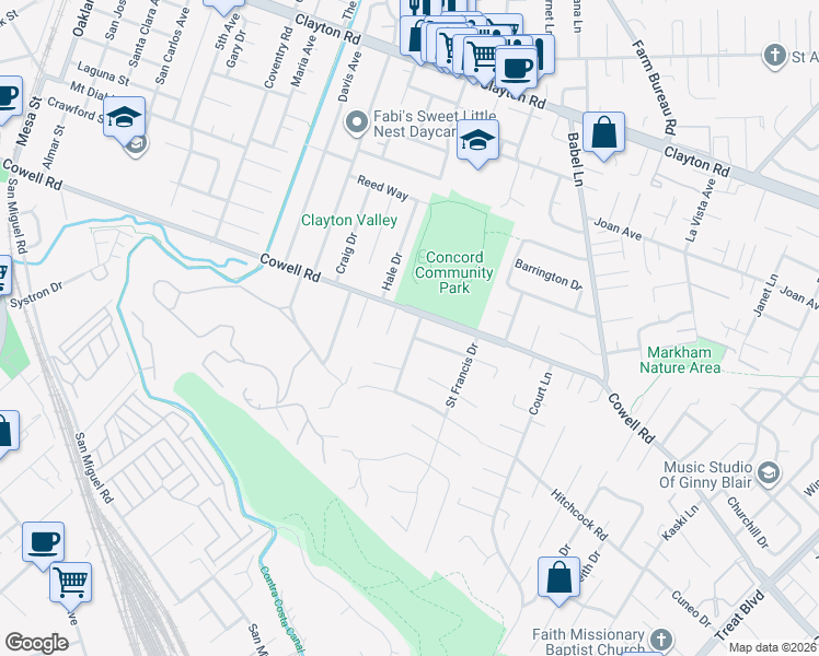 map of restaurants, bars, coffee shops, grocery stores, and more near 1193 Ridgewood Drive in Concord