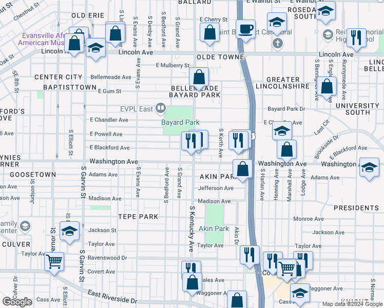 map of restaurants, bars, coffee shops, grocery stores, and more near 957 South Kentucky Avenue in Evansville