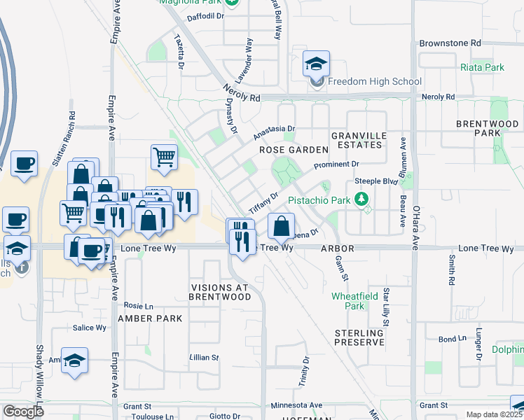 map of restaurants, bars, coffee shops, grocery stores, and more near 1358 Tiffany Drive in Brentwood