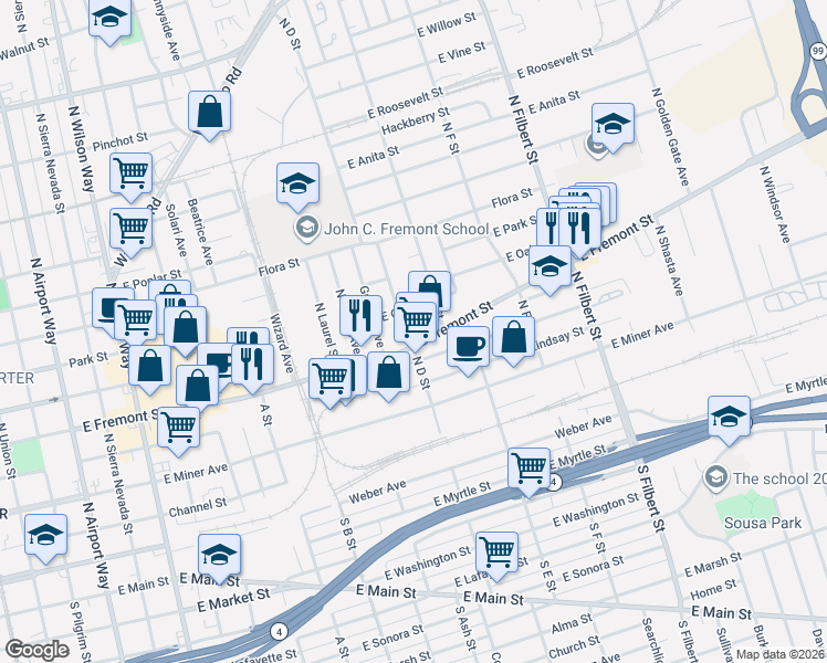 map of restaurants, bars, coffee shops, grocery stores, and more near 531 North D Street in Stockton