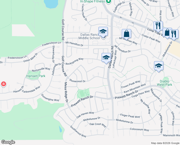 map of restaurants, bars, coffee shops, grocery stores, and more near 1123 Ranch Point Way in Antioch