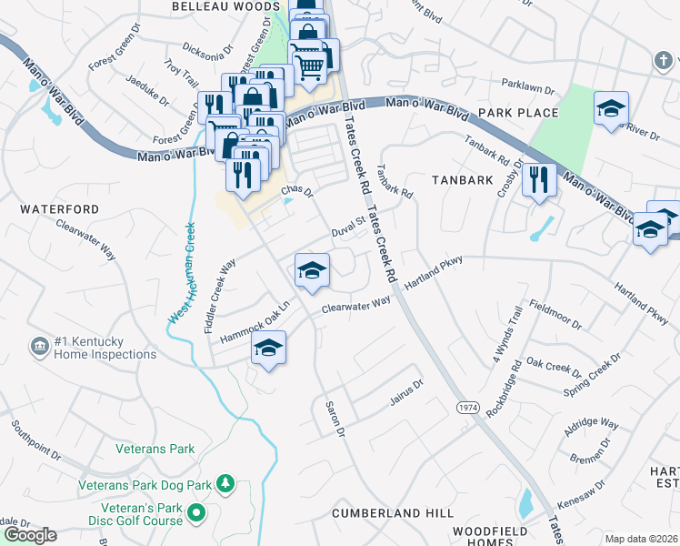 map of restaurants, bars, coffee shops, grocery stores, and more near 4390 Clearwater Way in Lexington
