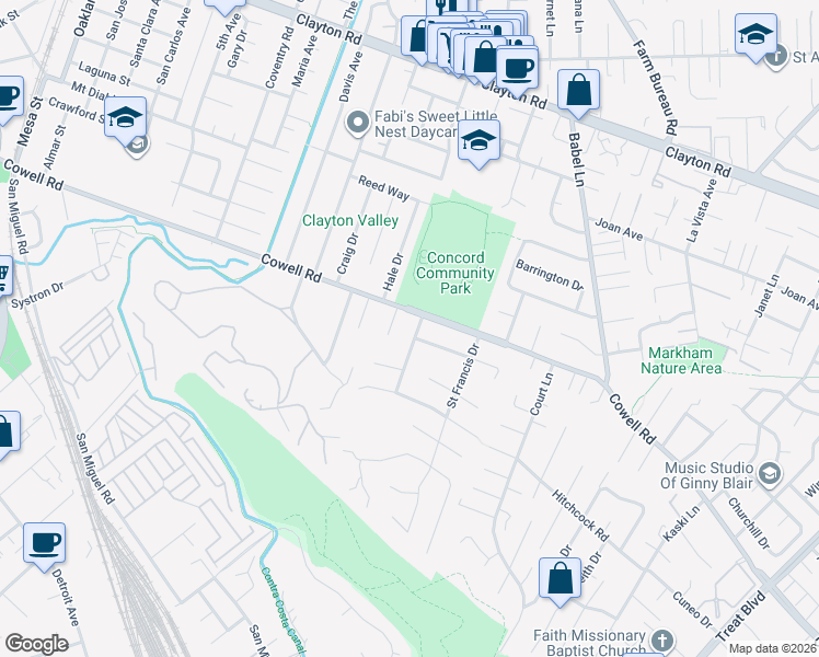 map of restaurants, bars, coffee shops, grocery stores, and more near 1193 Ridgewood Drive in Concord