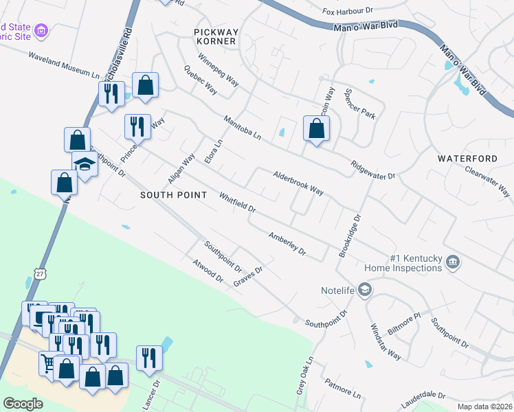 map of restaurants, bars, coffee shops, grocery stores, and more near 381 Whitfield Dr in Lexington