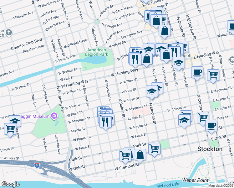 map of restaurants, bars, coffee shops, grocery stores, and more near 802 West Vine Street in Stockton