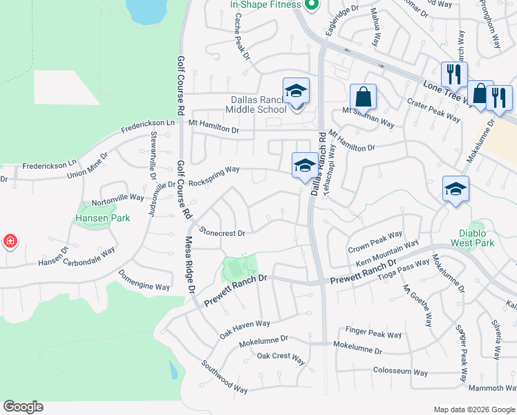 map of restaurants, bars, coffee shops, grocery stores, and more near 1123 Ranch Point Way in Antioch