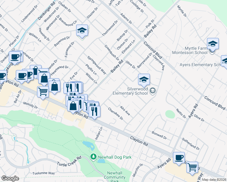 map of restaurants, bars, coffee shops, grocery stores, and more near 1663 Matheson Road in Concord