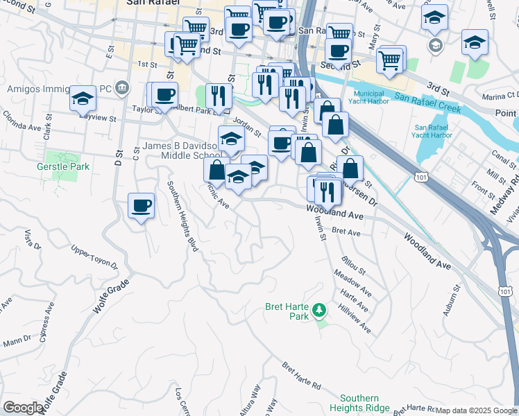 map of restaurants, bars, coffee shops, grocery stores, and more near 9 Bungalow Avenue in San Rafael