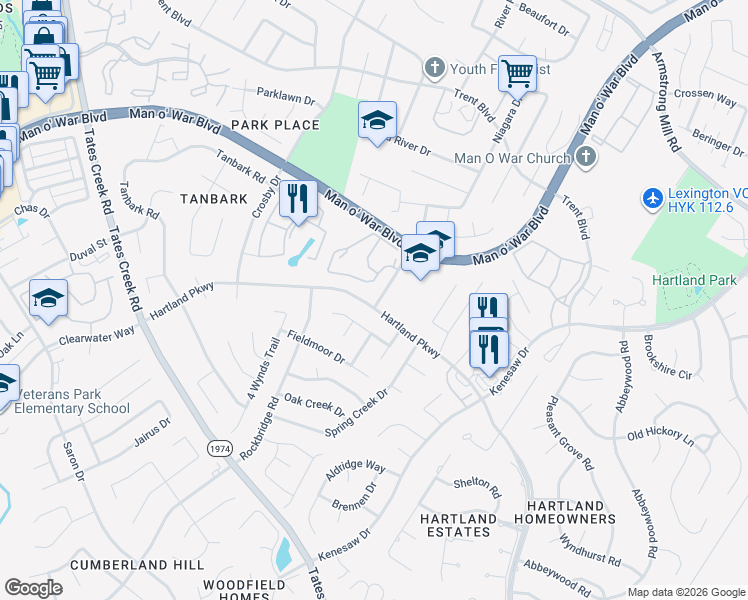 map of restaurants, bars, coffee shops, grocery stores, and more near 4624 Hartland Pkwy in Lexington